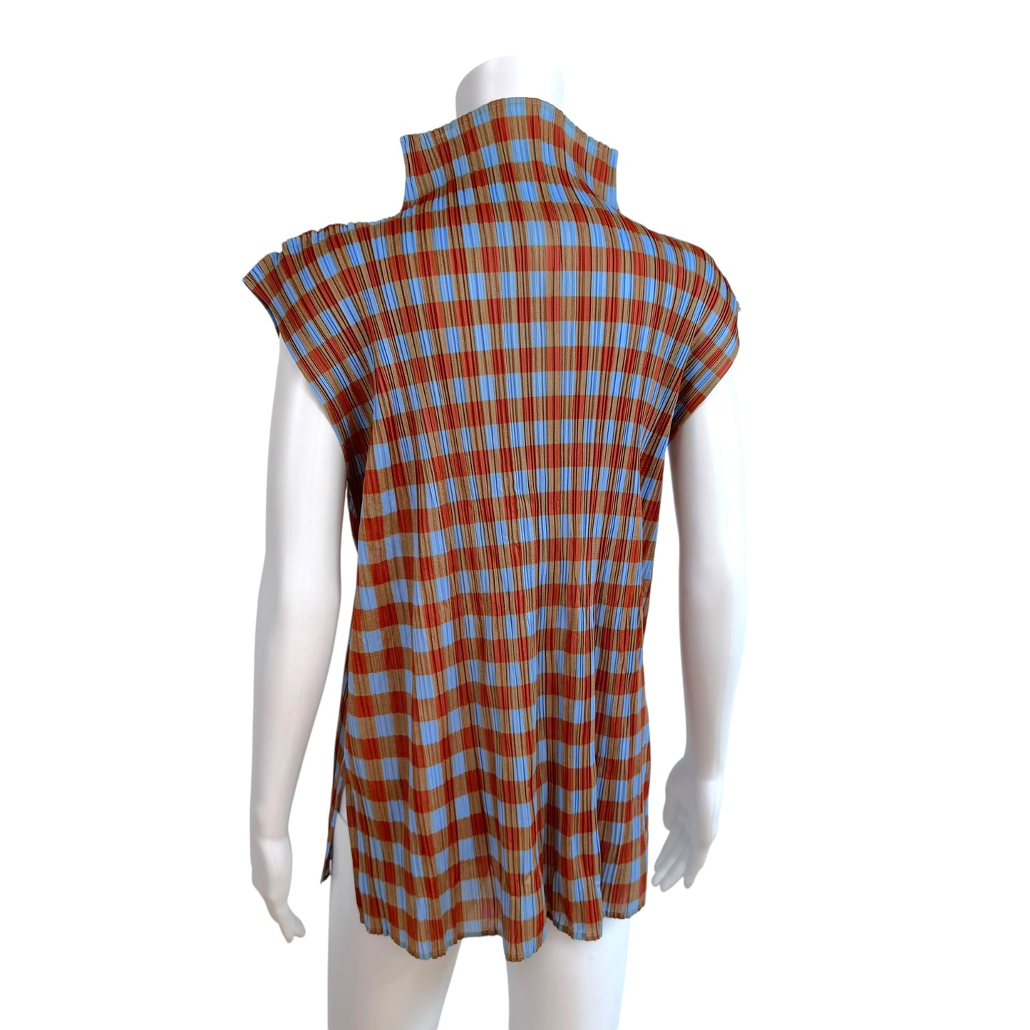 Issey Miyake Pleats Please Blue & Red Plaid Print Pleated Sleeveless Tunic Top Sz 3