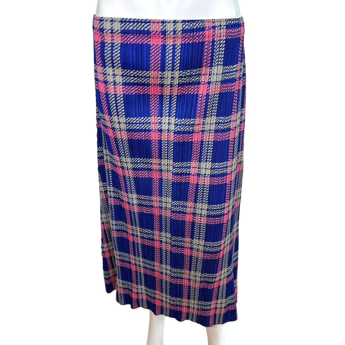 Issey Miyake Pleats Please Blue Pink Plaid Midi Skirt