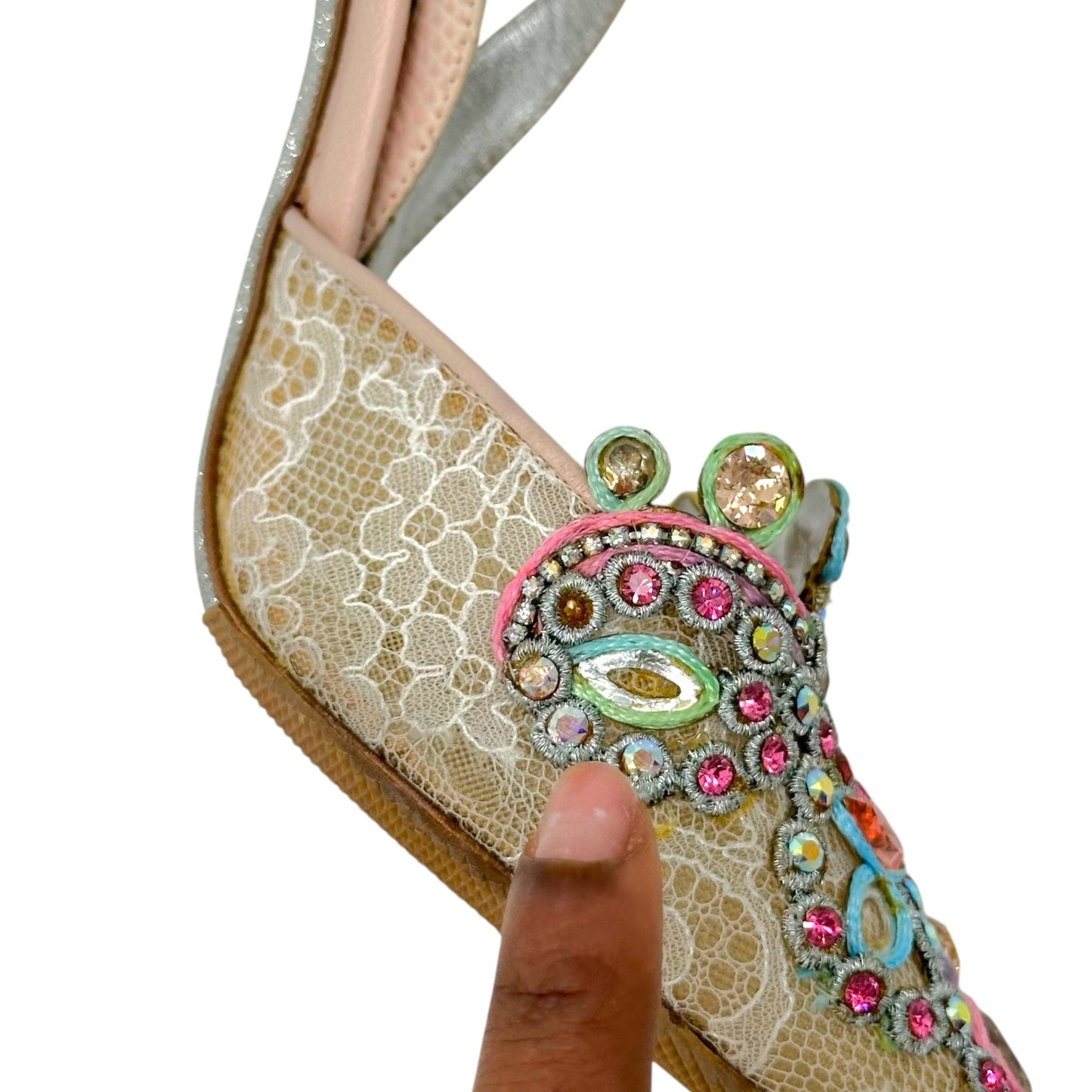 Rene Caovilla Slingback Heels Multicolor Crystal Beige Lace