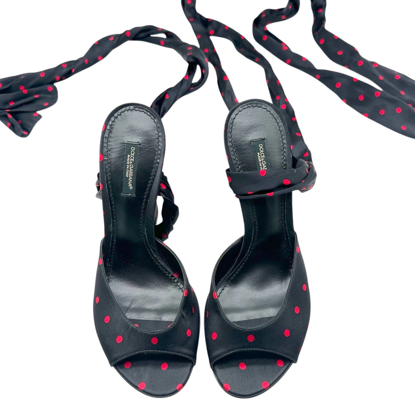 Dolce & Gabbana Black & Red Silk Wedge Peep-Toe Wrap Heels