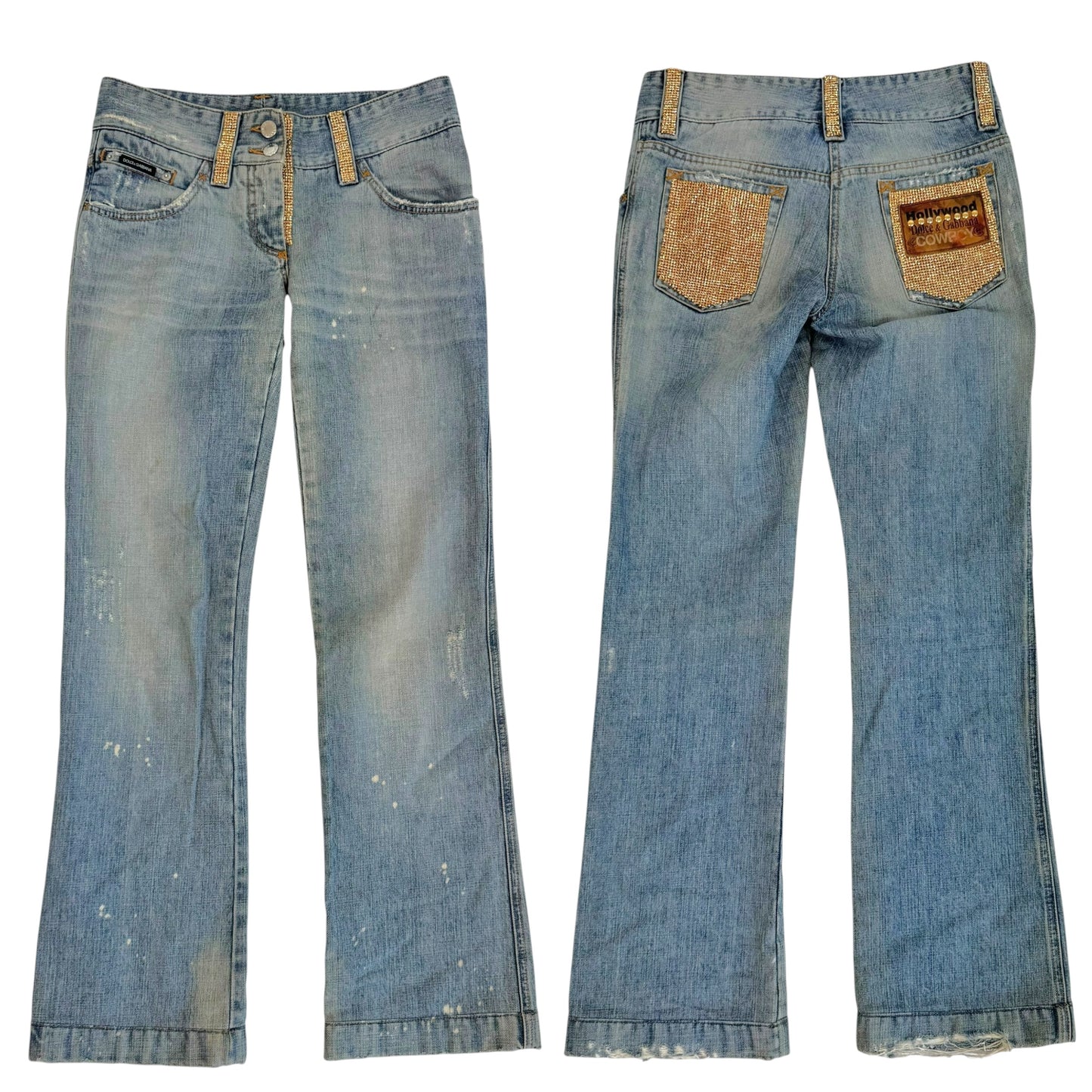 Dolce & Gabbana 'Hollywood Cowboy' Gold Rhinestone Embellished Distressed Jeans