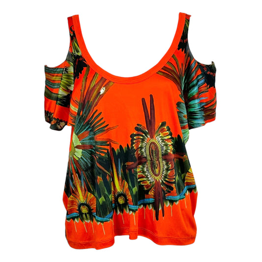 Jean Paul Gaultier Soleil Bright Orange Palm Print Cold Shoulder Top