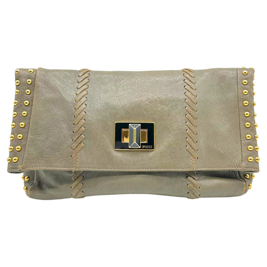 Emilio Pucci Gray Leather Gold Studded Clutch Bag