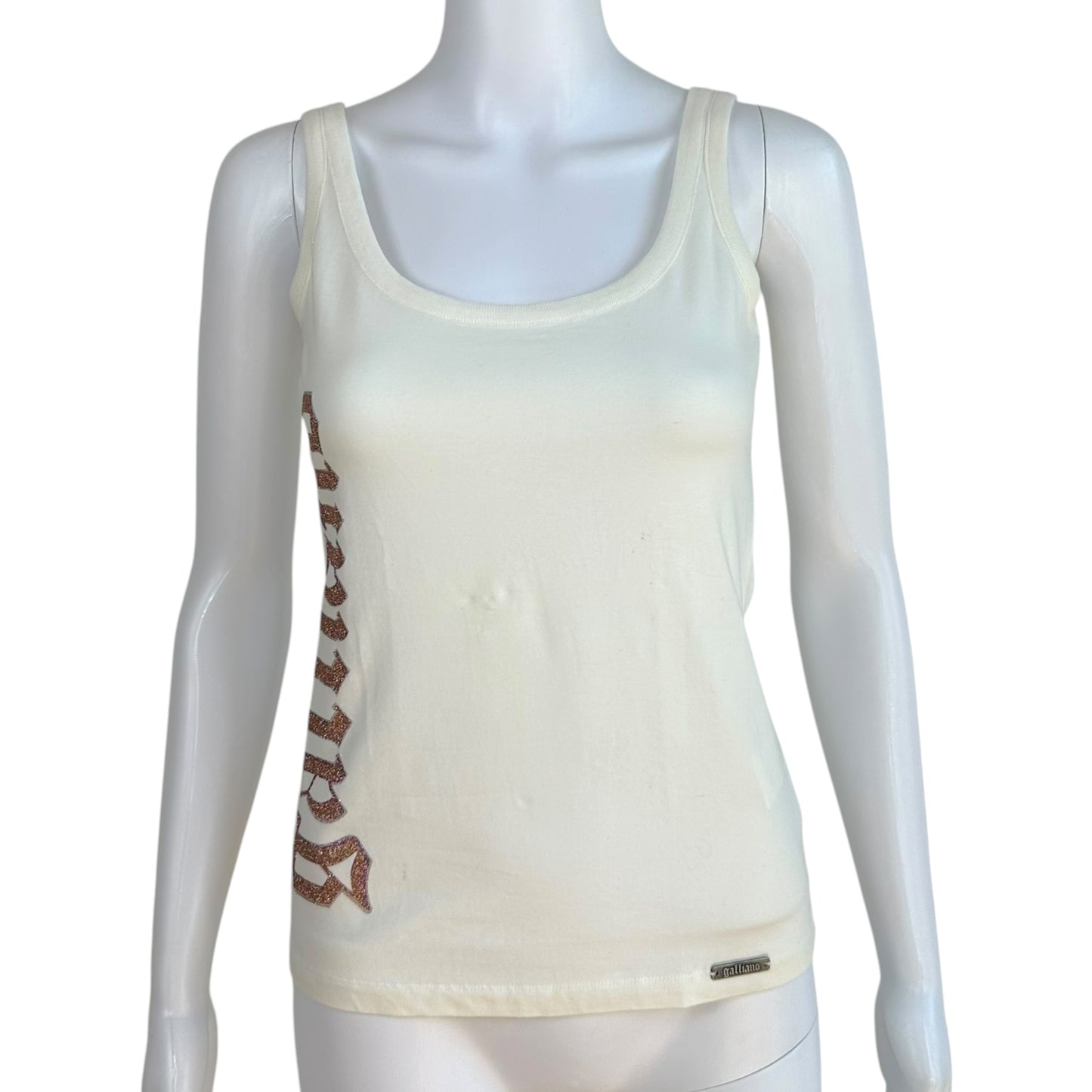 Galliano White Orange Glitter Logo Tank Top XS