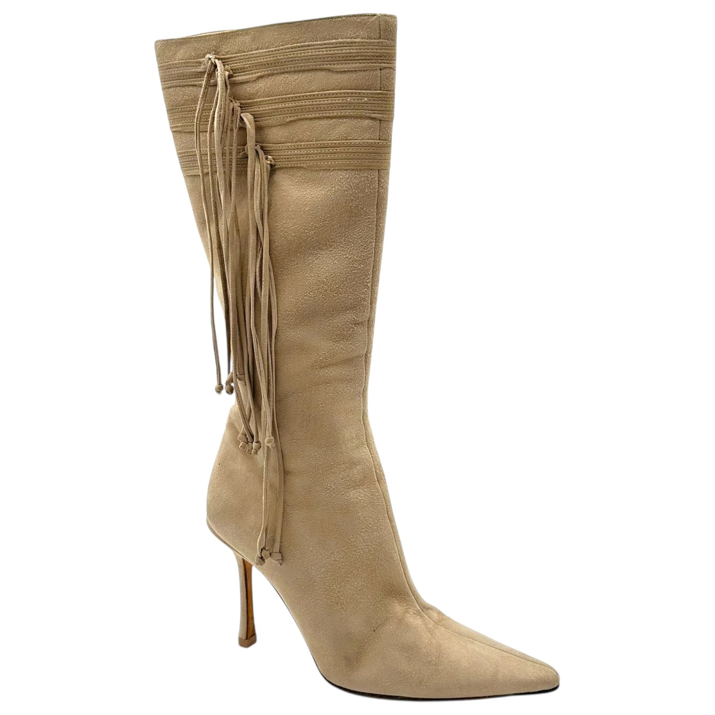 Jimmy Choo Beige Fringe Trim Heeled Boots