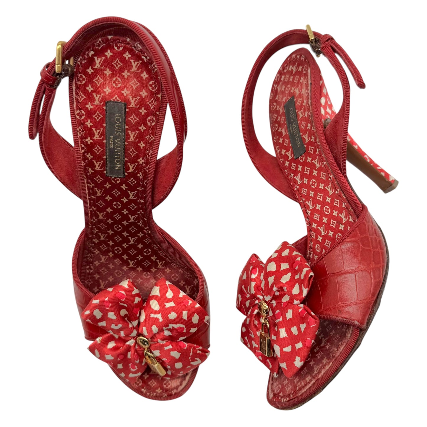 Louis Vuitton Red & White Gingham Silk & Crock Slingback Sandal Heels