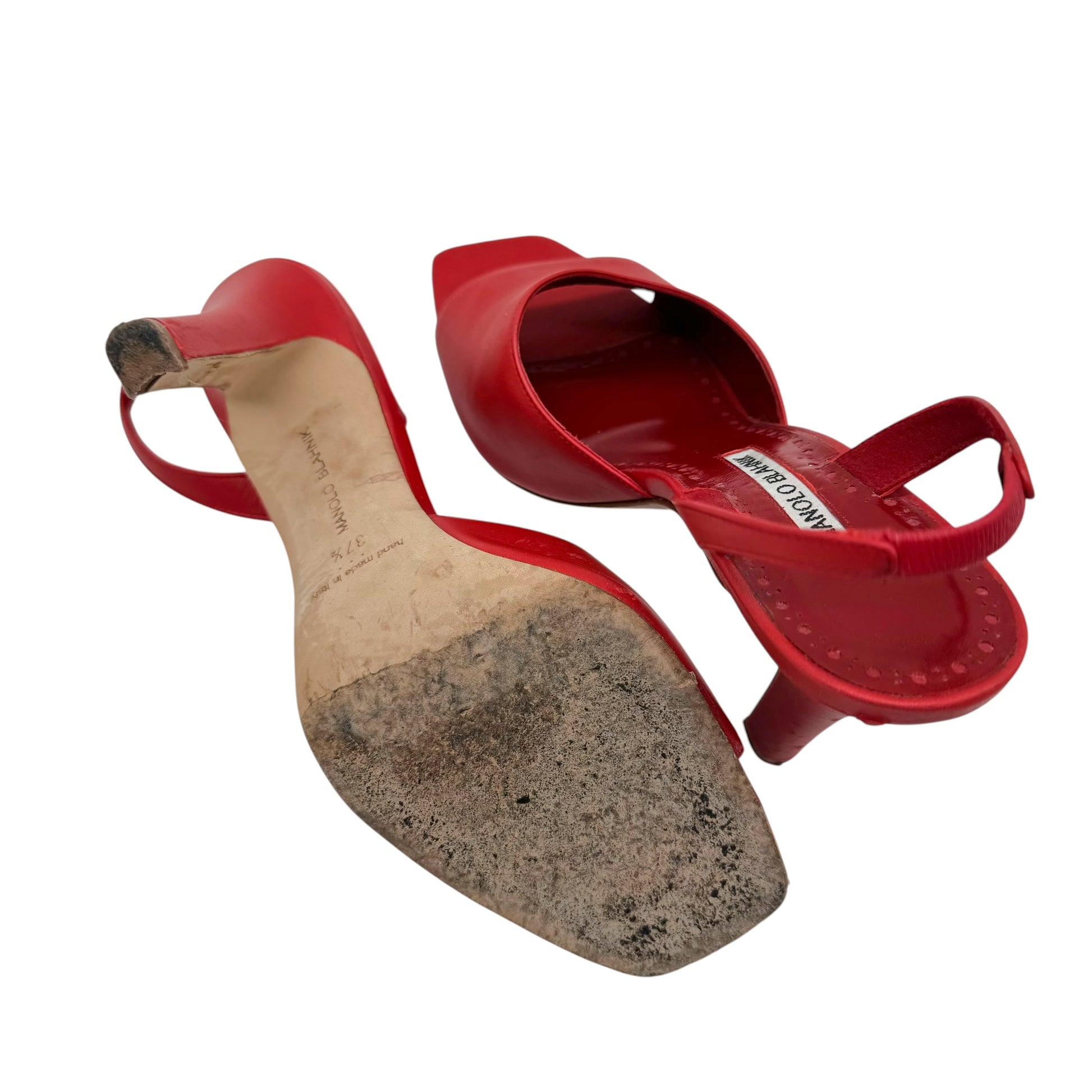Manolo Blahnik Red Leather Heeled Slingback Sandals