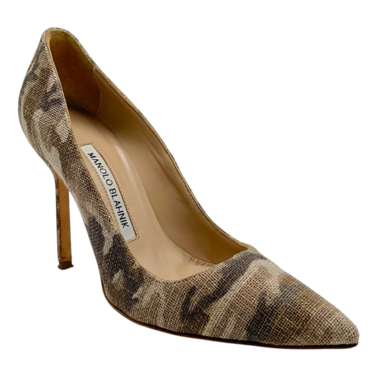 Manolo Blahnik Camo Print Linen Pointed Toe Pumps