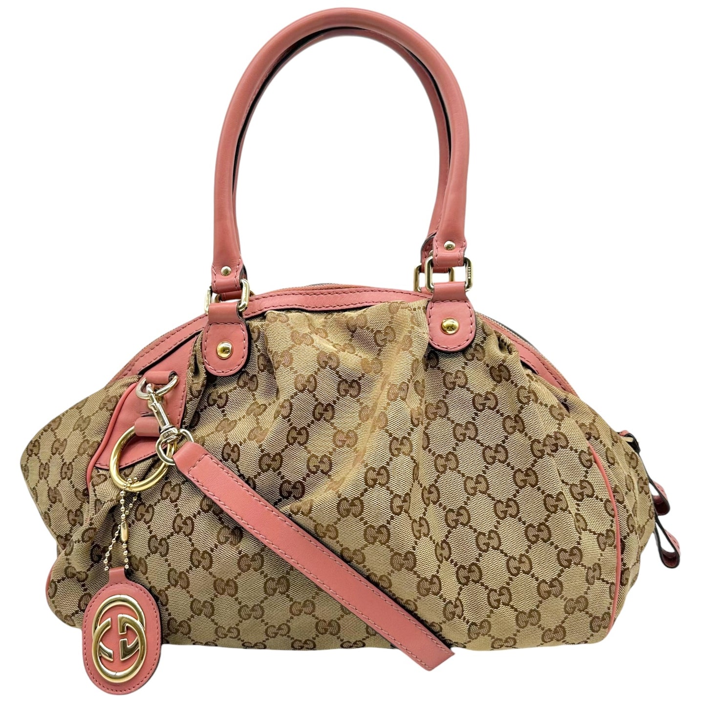 Gucci Tan Monogram & Pink Leather Sukey 2-Way Bowler Bag