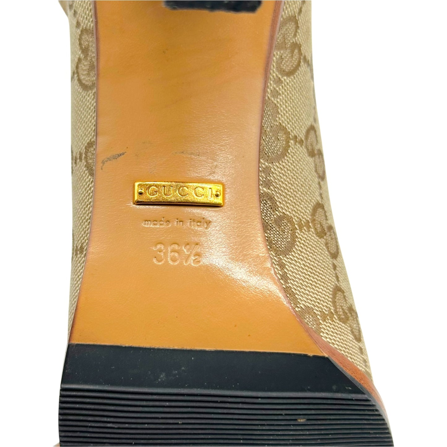 Gucci Tan Monogram Knee High Heeled Boots
