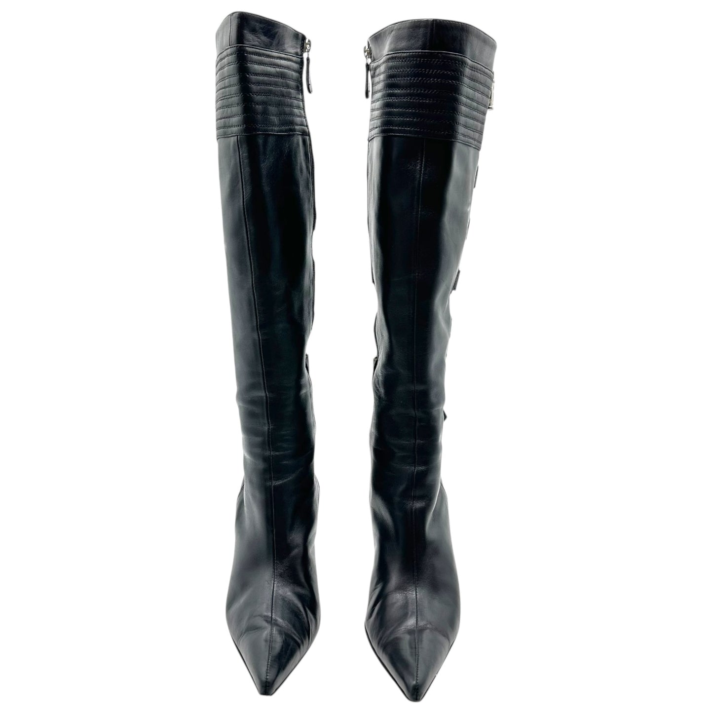 Versace Black Leather Corset Lace Up Heeled Boots