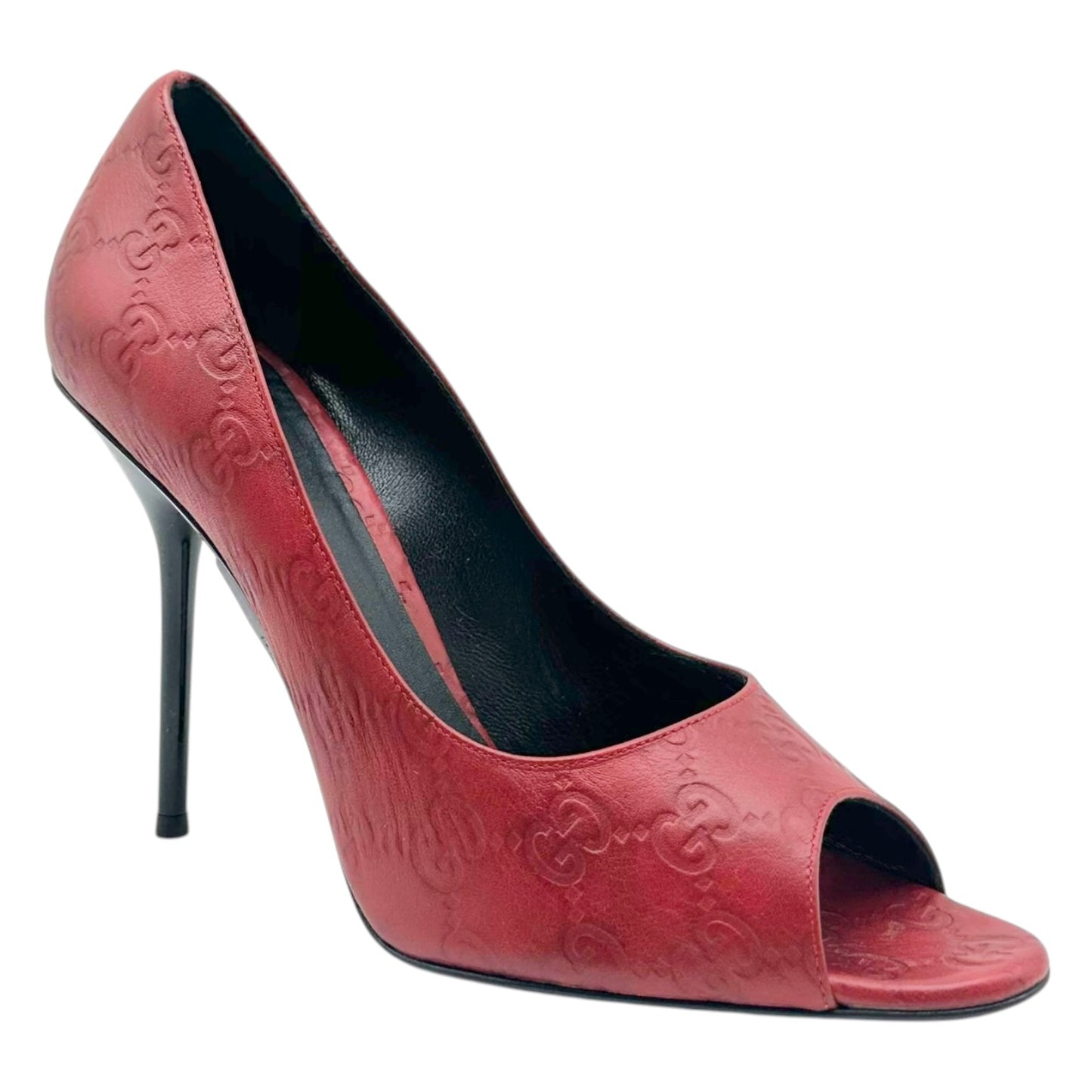 Gucci Red Guccissima Embossed Monogram Peep Toe Pumps