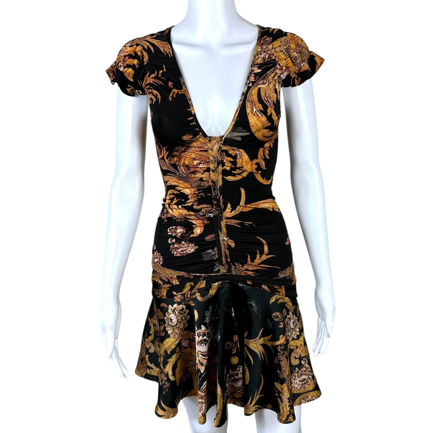 Just Cavalli Roberto Cavalli Black & Gold Damask Printed Mini Dress