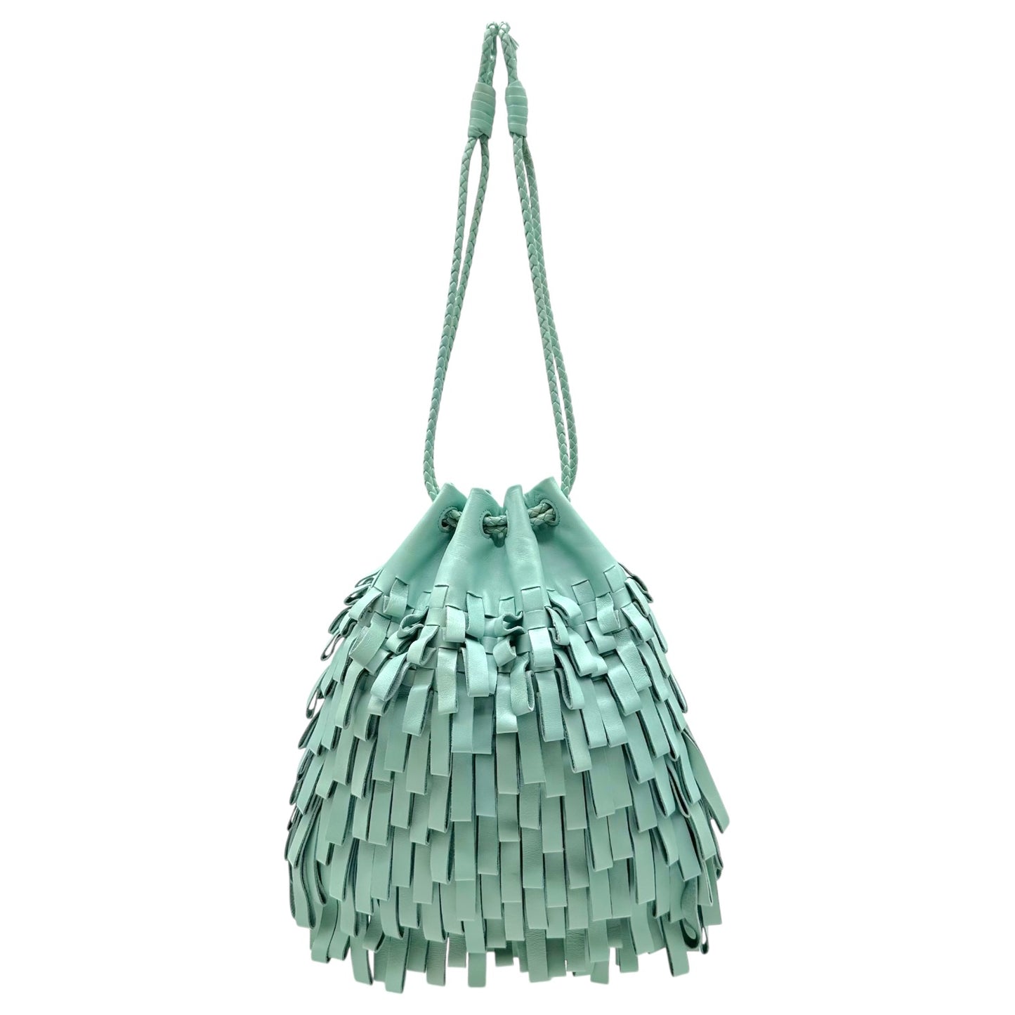 Bottega Veneta Aqua Blue Leather Fringe Drawstring Clutch Bag