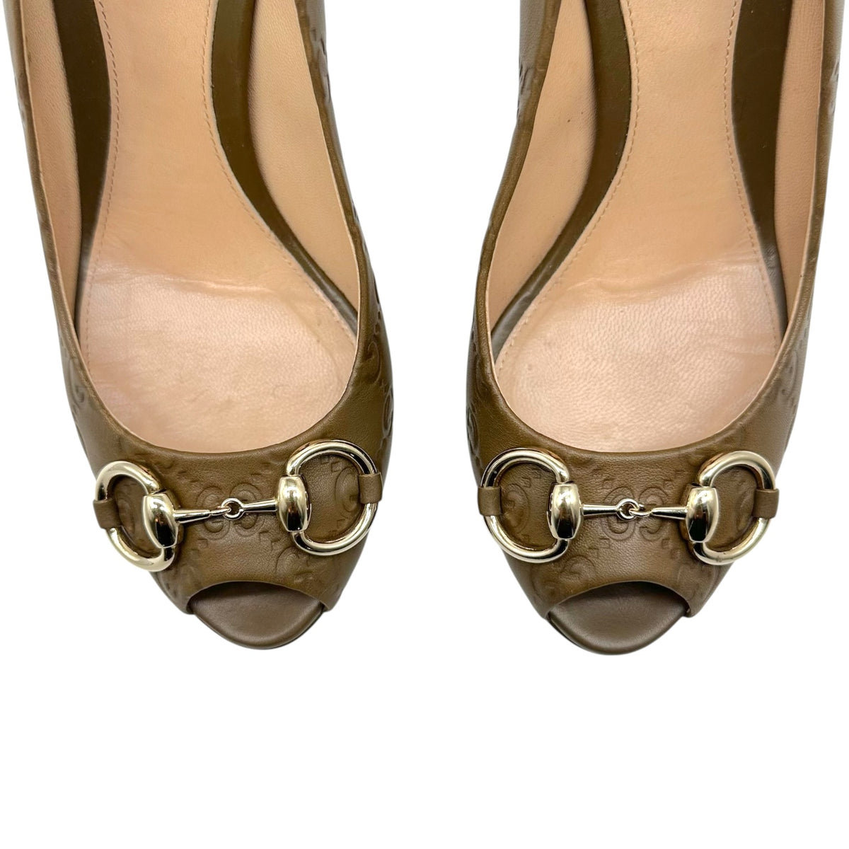 Gucci Brown Guccissima Embossed Monogram Horsebit Peep-Toe Pumps