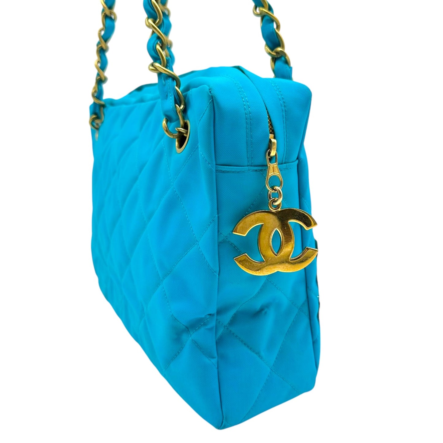 Chanel Bright Turquoise & Gold Matelasse Quilted Nylon Shoulder Bag 1991-94