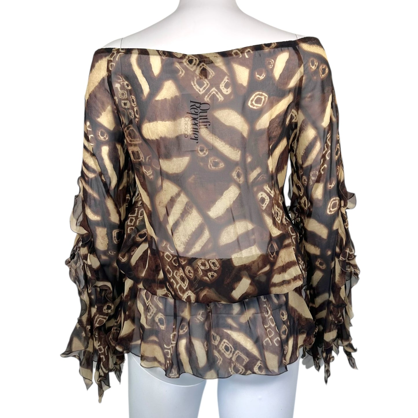 Escada Semi-Sheer Silk Off Shoulder Ruffle Blouse