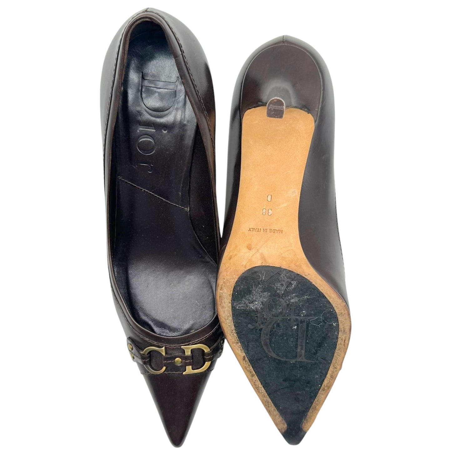 Christian Dior Brown Pointed Toe Heels with CD Logo Charm