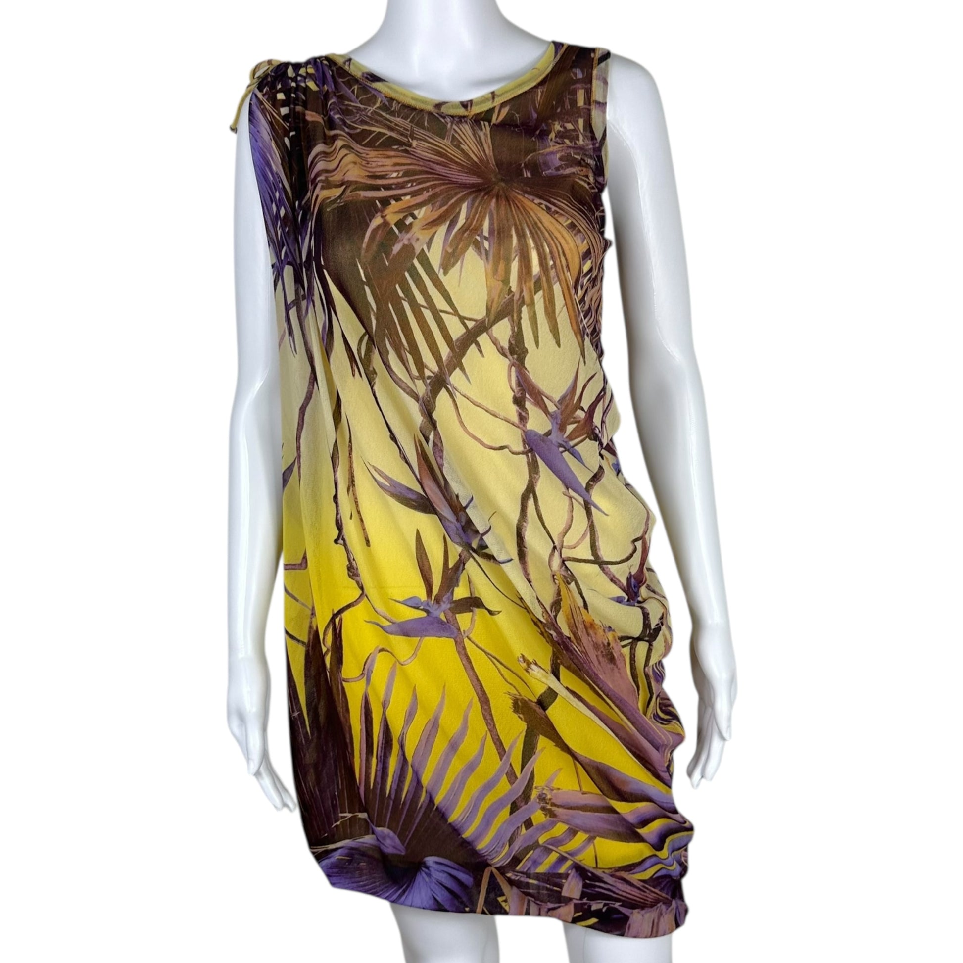 Jean Paul Gaultier Soleil Yellow & Purple Palm Printed Mesh Mini Dress - Outfit Repeater
