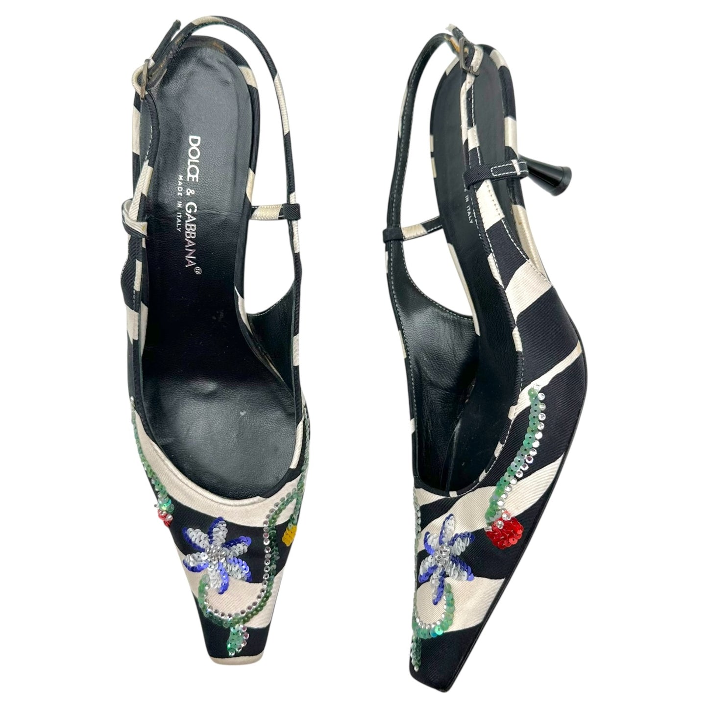 Dolce & Gabbana Zebra Print Silk & Sequin Slingback Kitten Heels