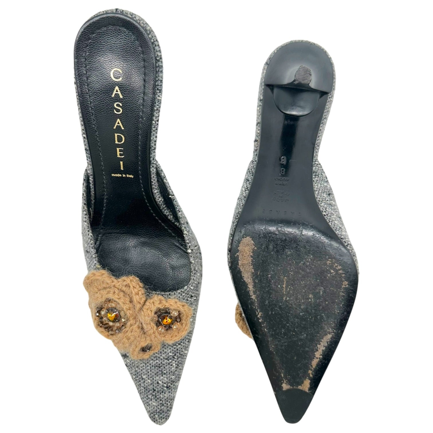 Casadei Kitten Heel Mules Gray Tweed Knit