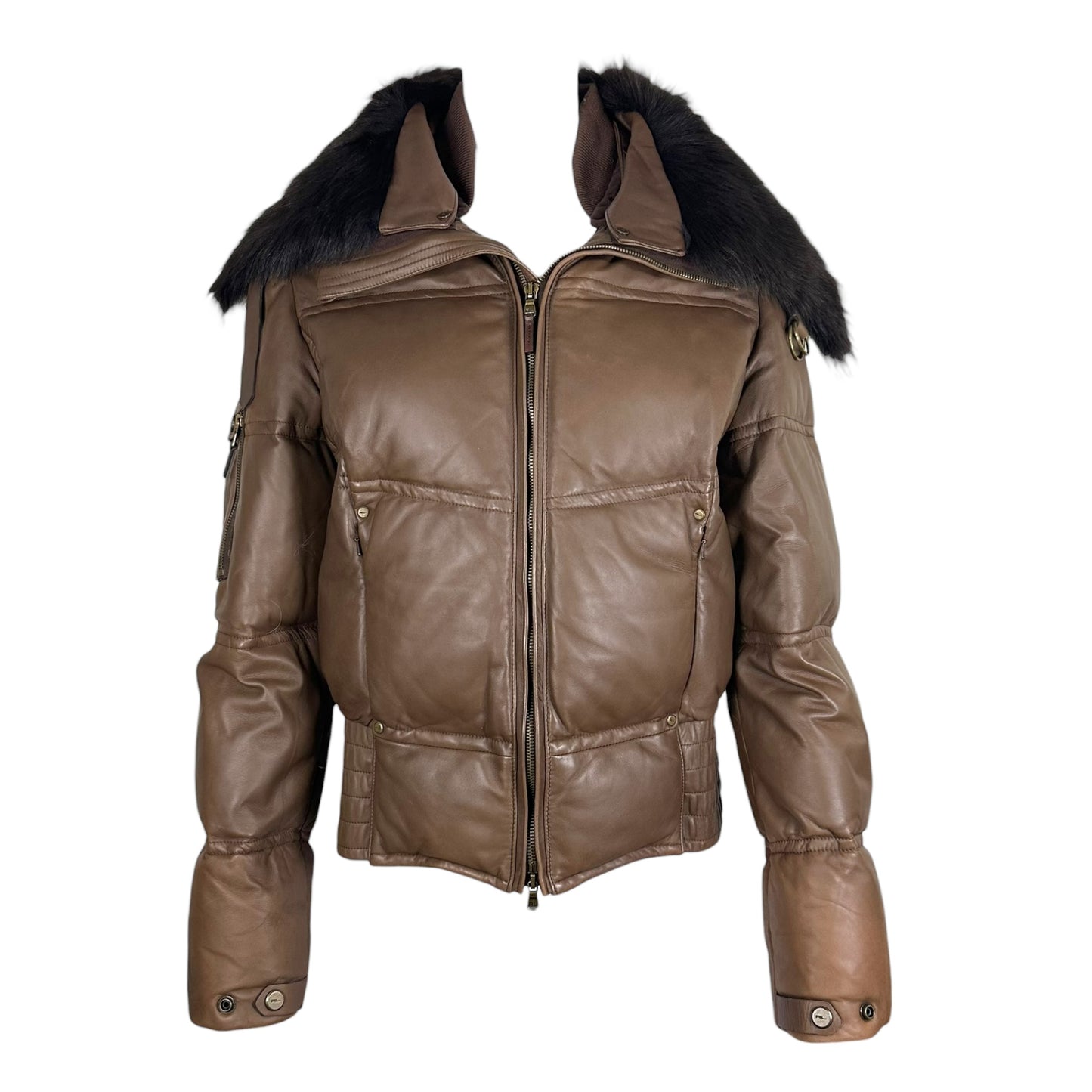 Ralph Lauren Black Label Brown Lambskin Down-Fill Fur Trim Puffer Coat
