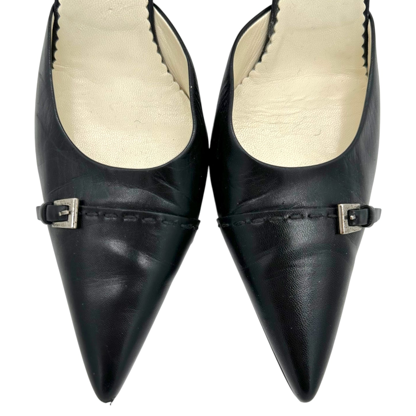 Prada Black Leather Studded Buckle Pointed Toe Kitten Heels