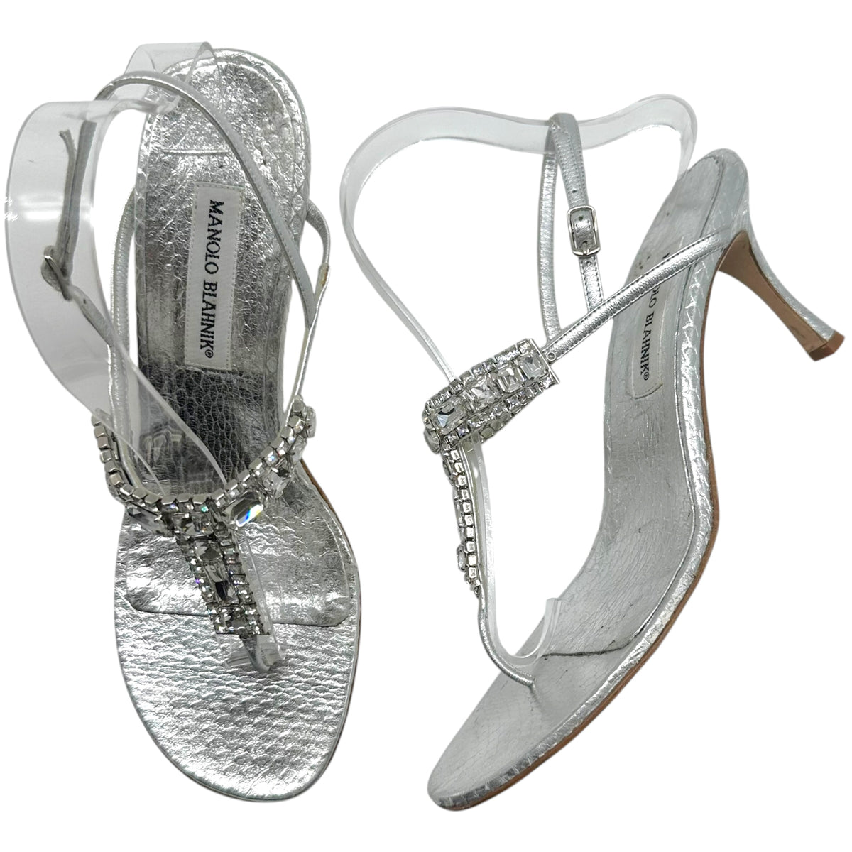 Manolo Blahnik SIlver Python & Crystal Thong Heeled Sandals