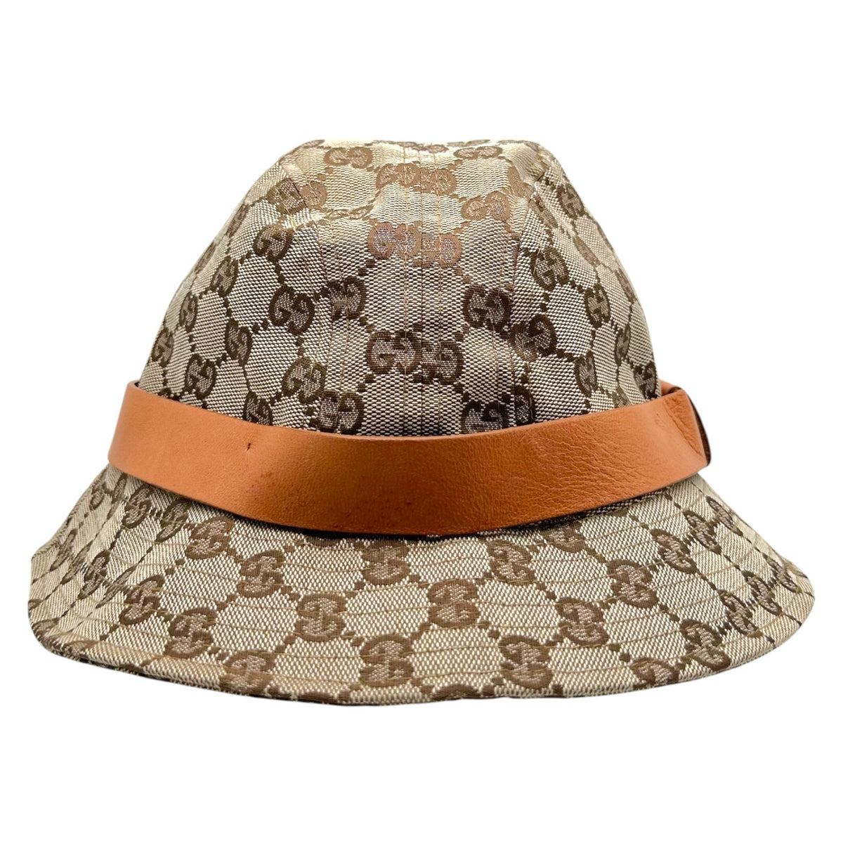 Gucci Tan Canvas Monogram Leather Trim Bucket Hat