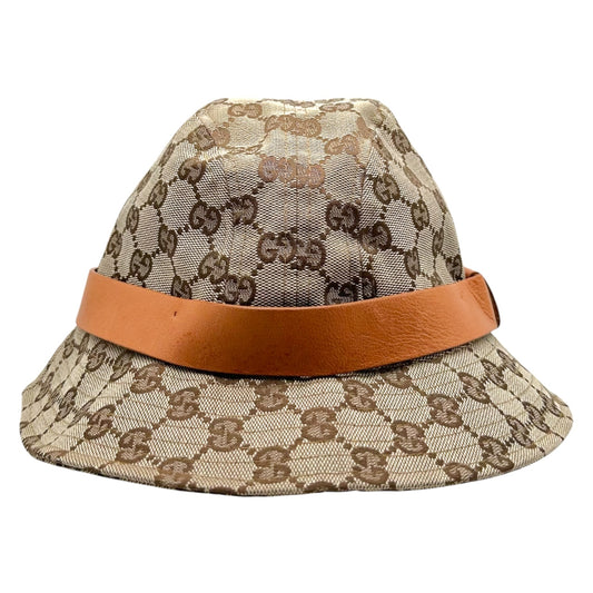 Gucci Tan Canvas Monogram Leather Trim Bucket Hat