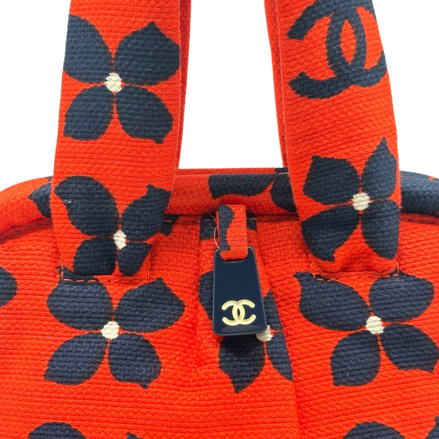Chanel Kisslock Handbag Bright Red Navy Clover Print