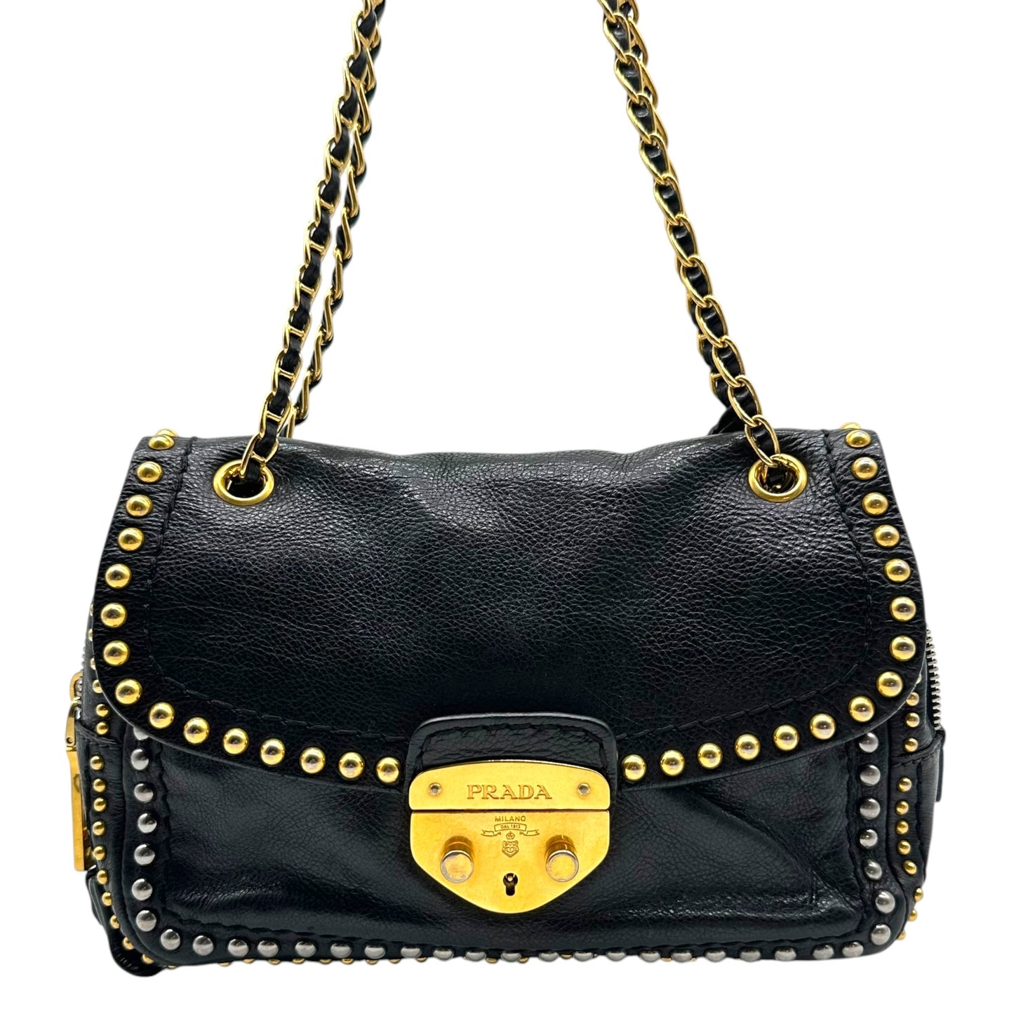 Prada Black Leather Studded Chain Strap Shoulder Bag