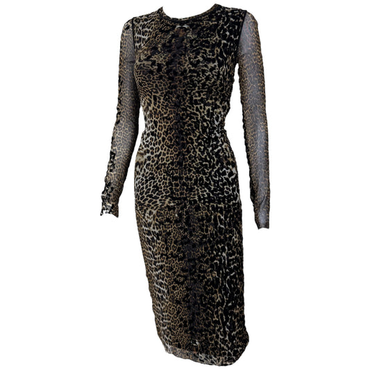 Jean Paul Gaultier Leopard Print Mesh & Velvet Midi Dress