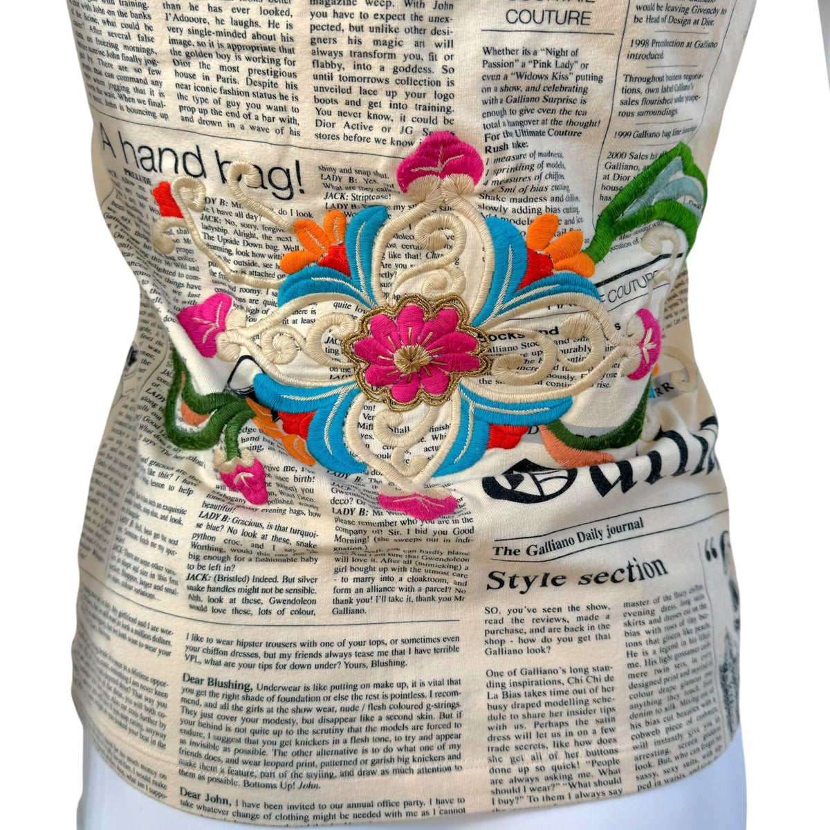 John Galliano S/S 2006 Gazette Newsprint & Multicolor Floral Embroidered T-Shirt