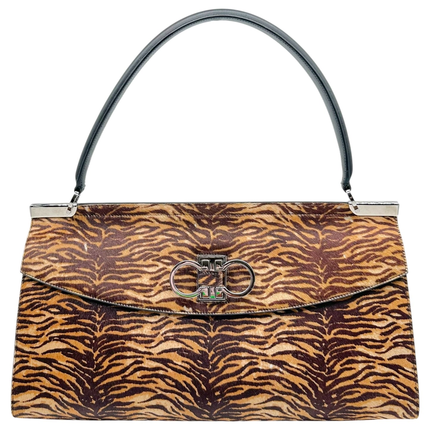 Salvatore Ferragamo Brown Zebra Print Ponyahir Large Gancini Shoulder Bag