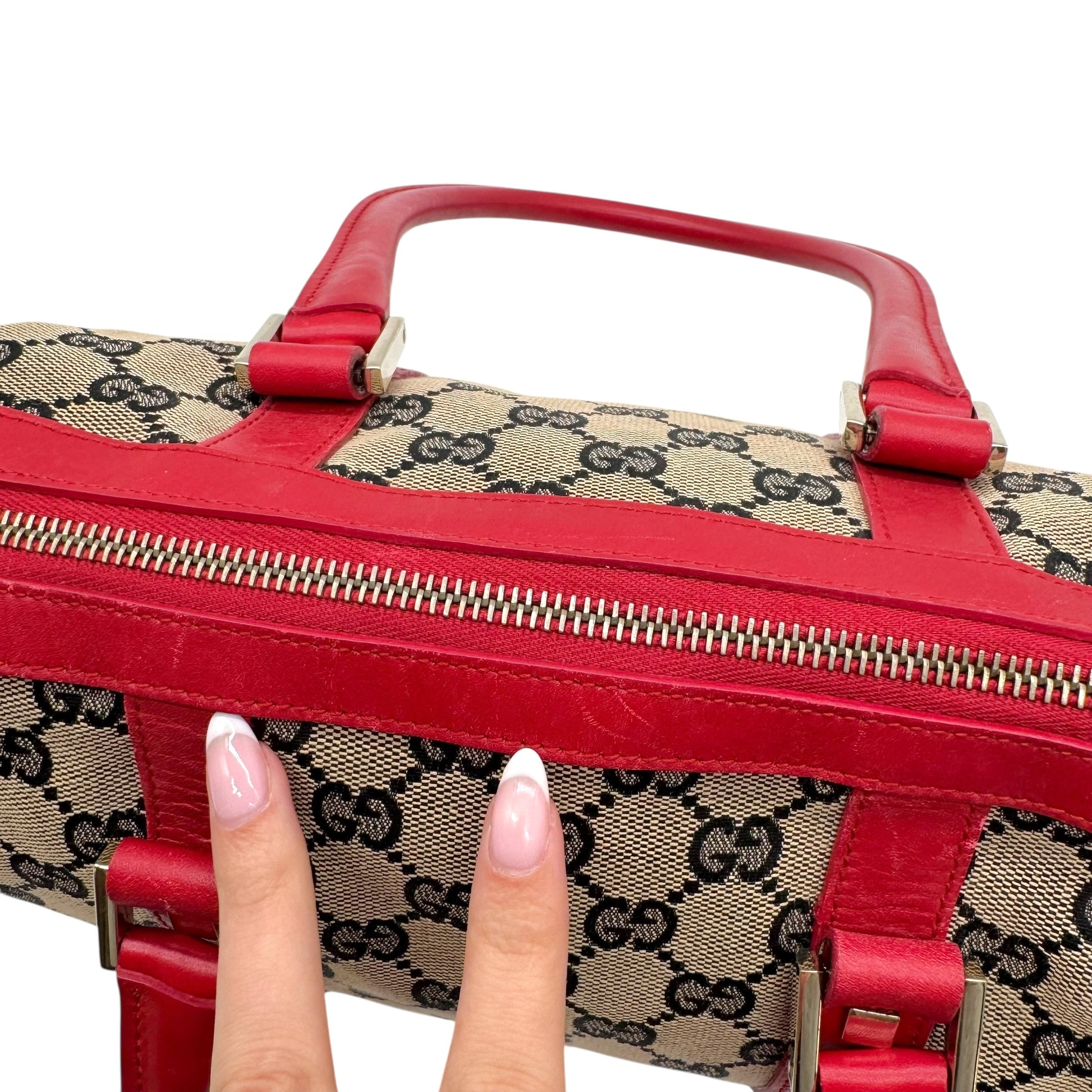 Gucci Gray Monogram & Red Leather Boston Bag - Outfit Repeater