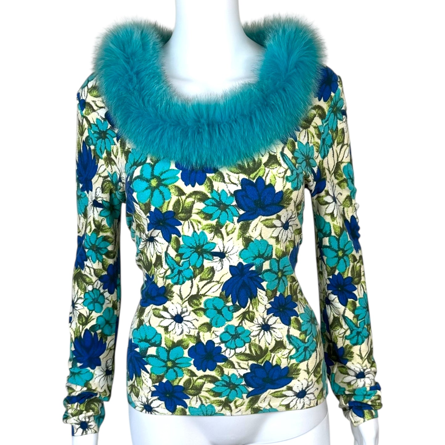 Blumarine Blue Floral & Fur Collar Sweater