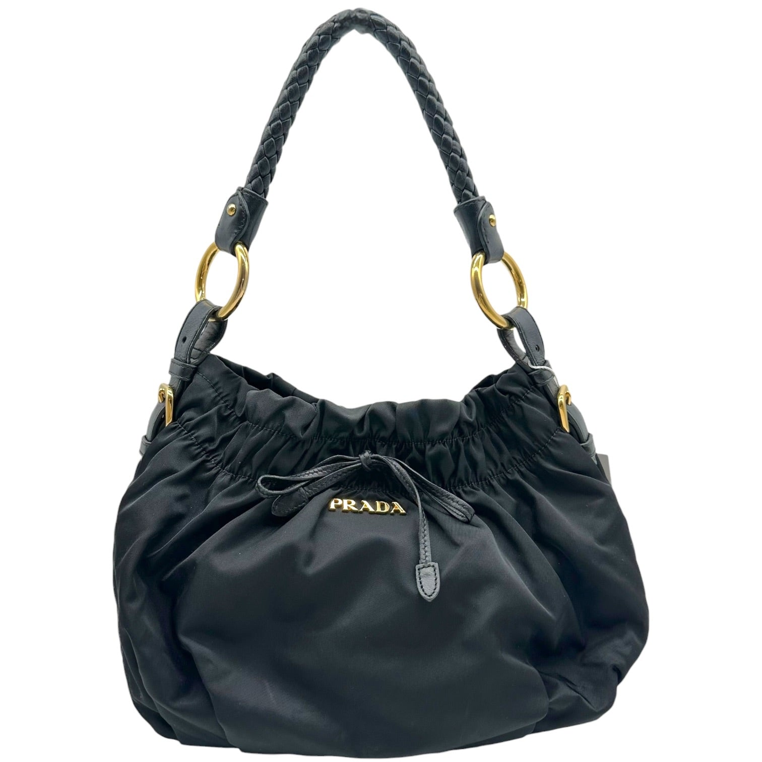 Prada Black Nylon Leather Bow Bucket Bag