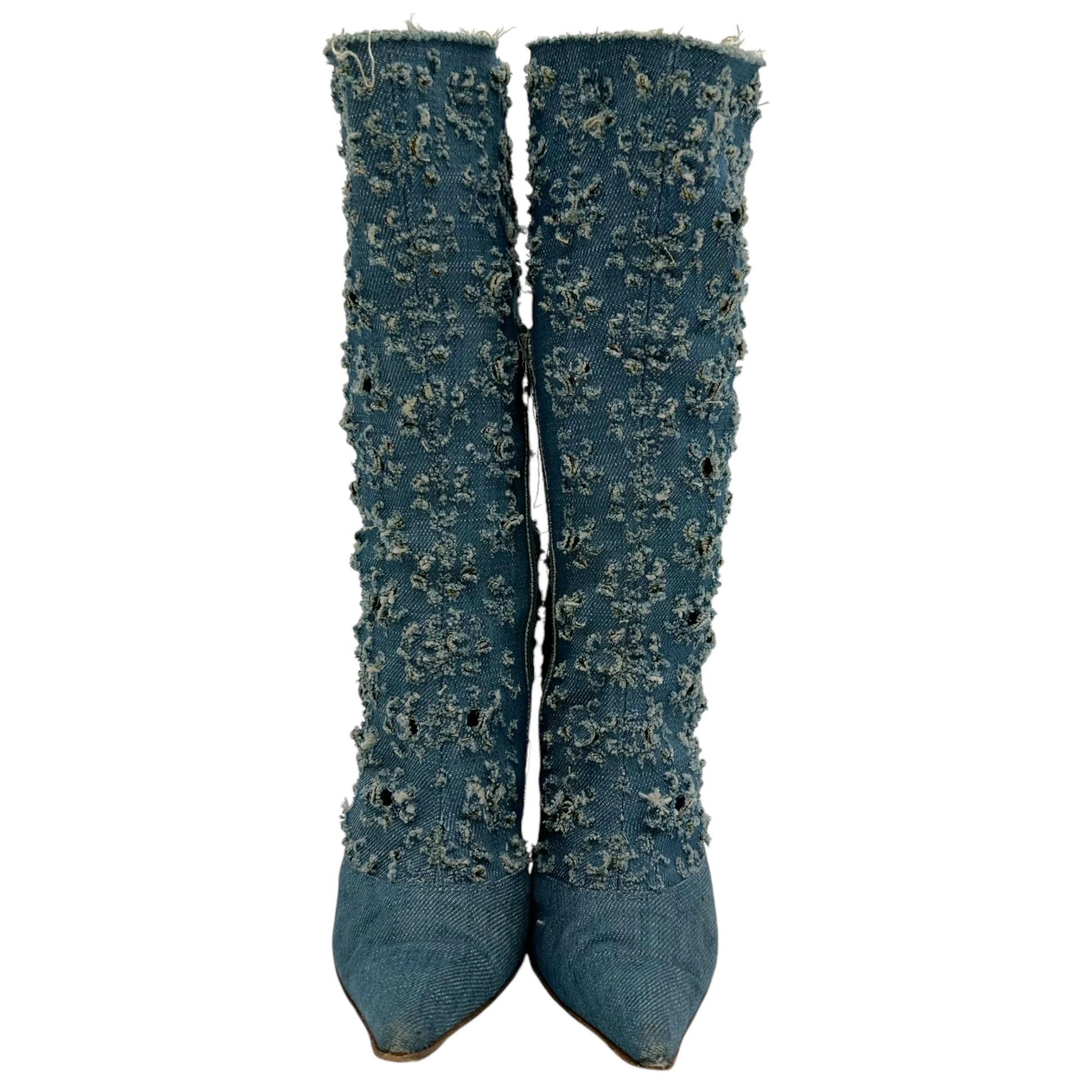 Versace Versus Distressed Denim Pointed Toe Boots - Outfit Repeater