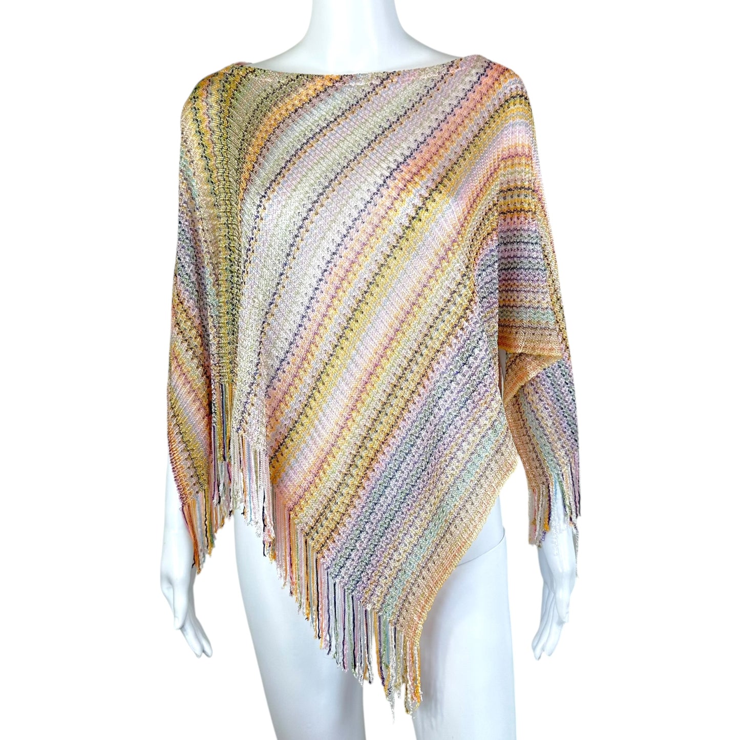 Missoni Multicolor Chevron Knit Poncho with Fringe Trim