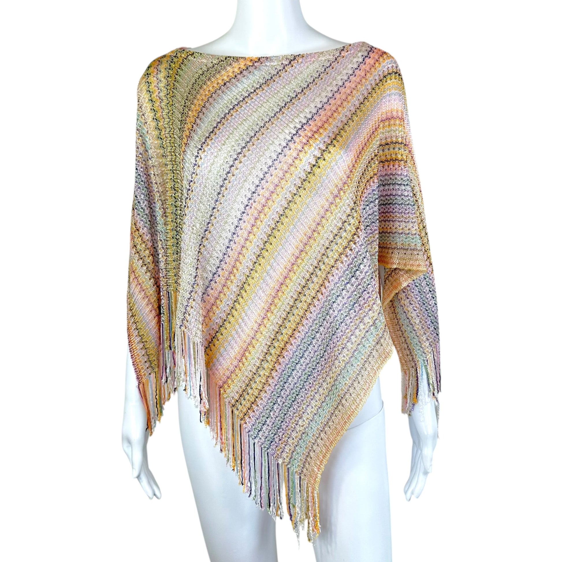 Missoni Multicolor Chevron Knit Poncho with Fringe Trim