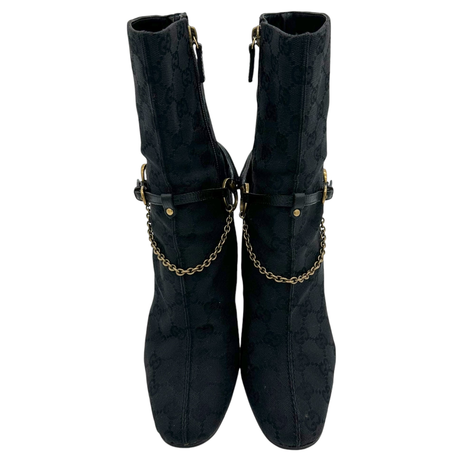 Gucci Black Monogram Heeled Booties - Outfit Repeater