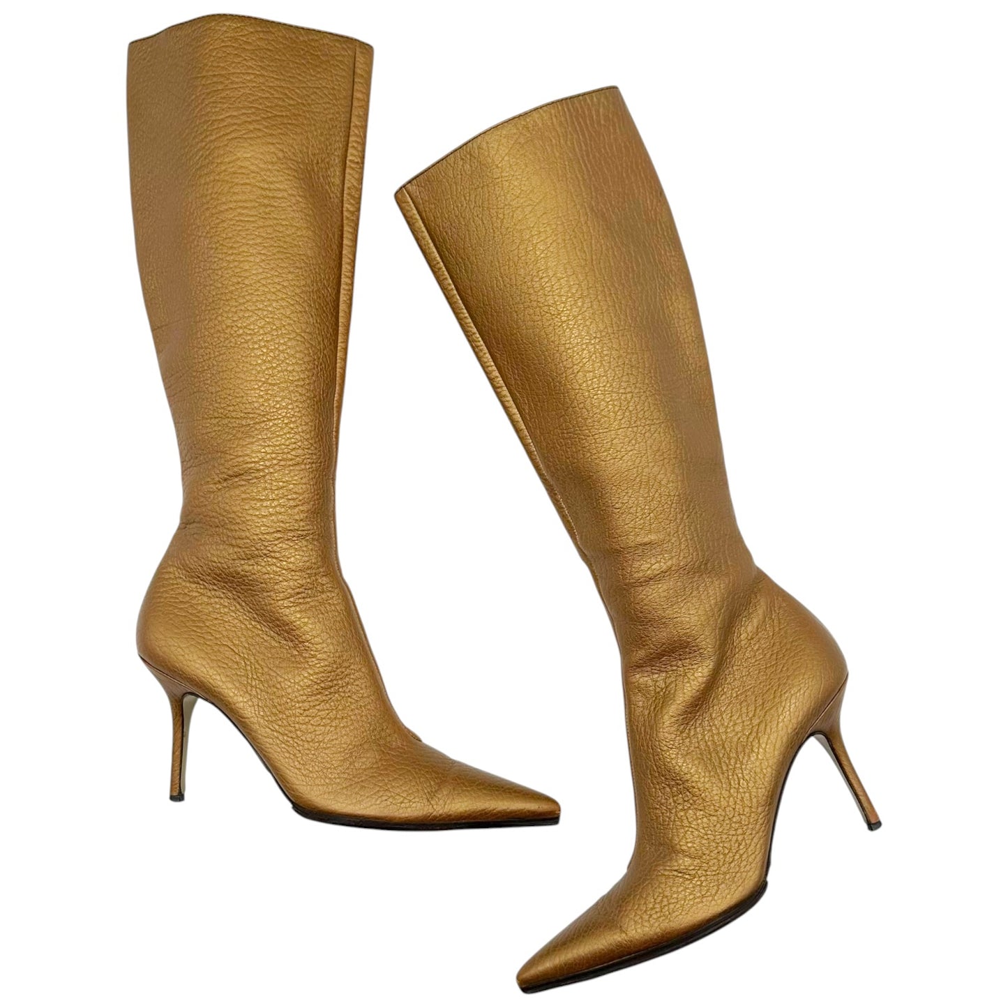 Dolce & Gabbana Gold Leather Pointed Toe Heeled Knee High Boots