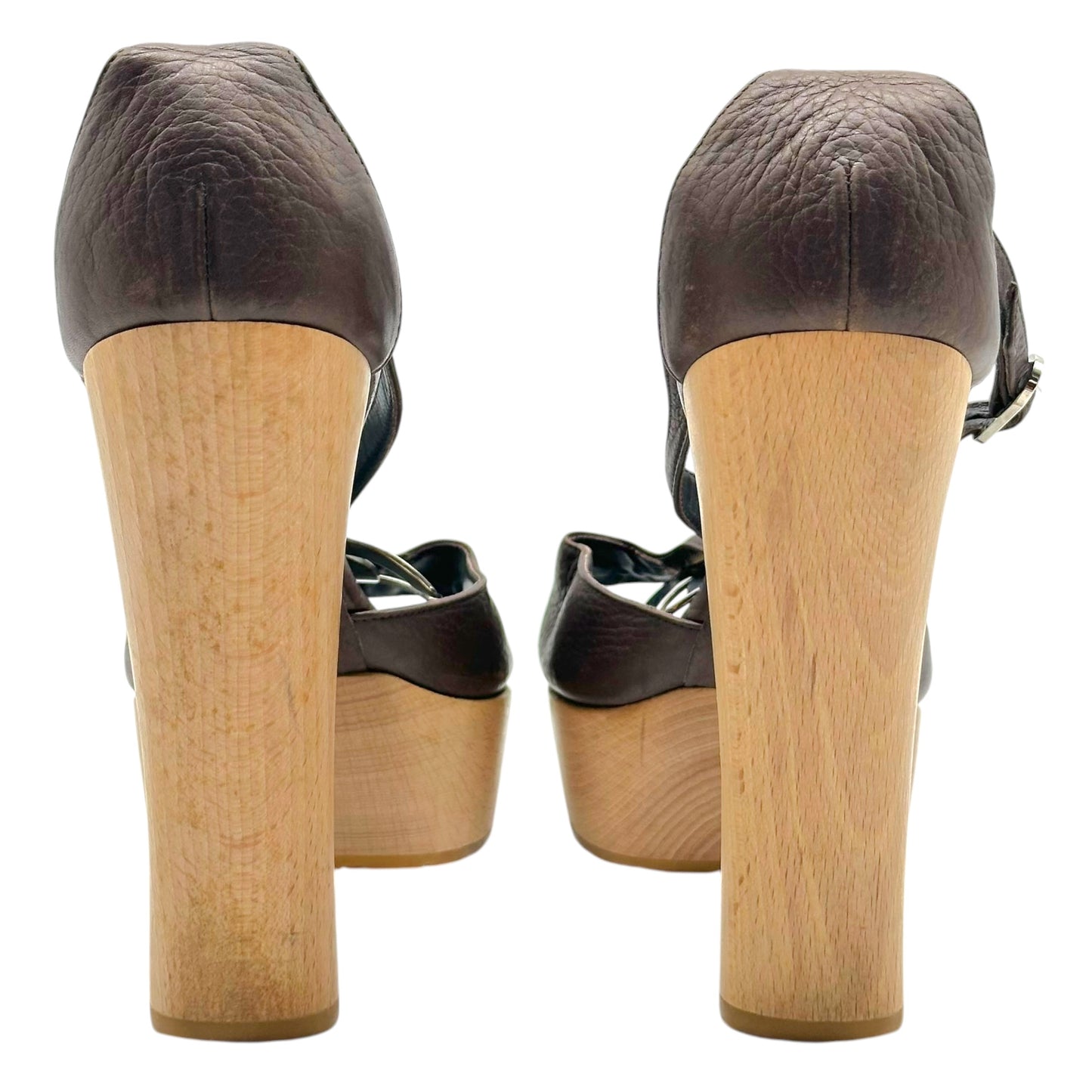 Chanel Brown Leather CC Logo Wooden Platform Heeled Sandals