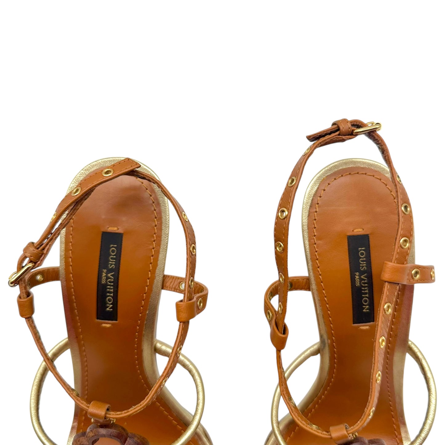 Louis Vuitton Brown & Gold Logo Motif Wooden Wedge Heel Sandals