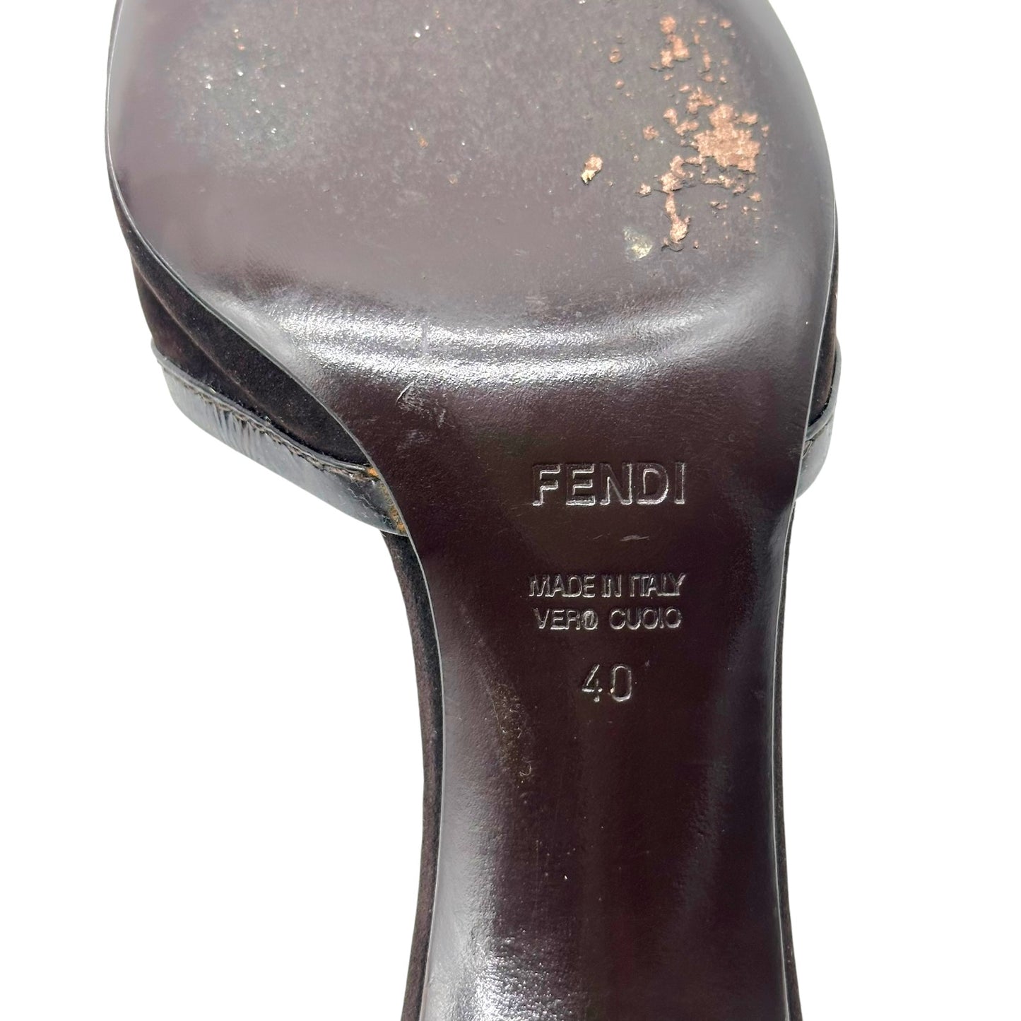 Fendi Brown Suede Tortoise Bead Embellished Kitten Heel Mules