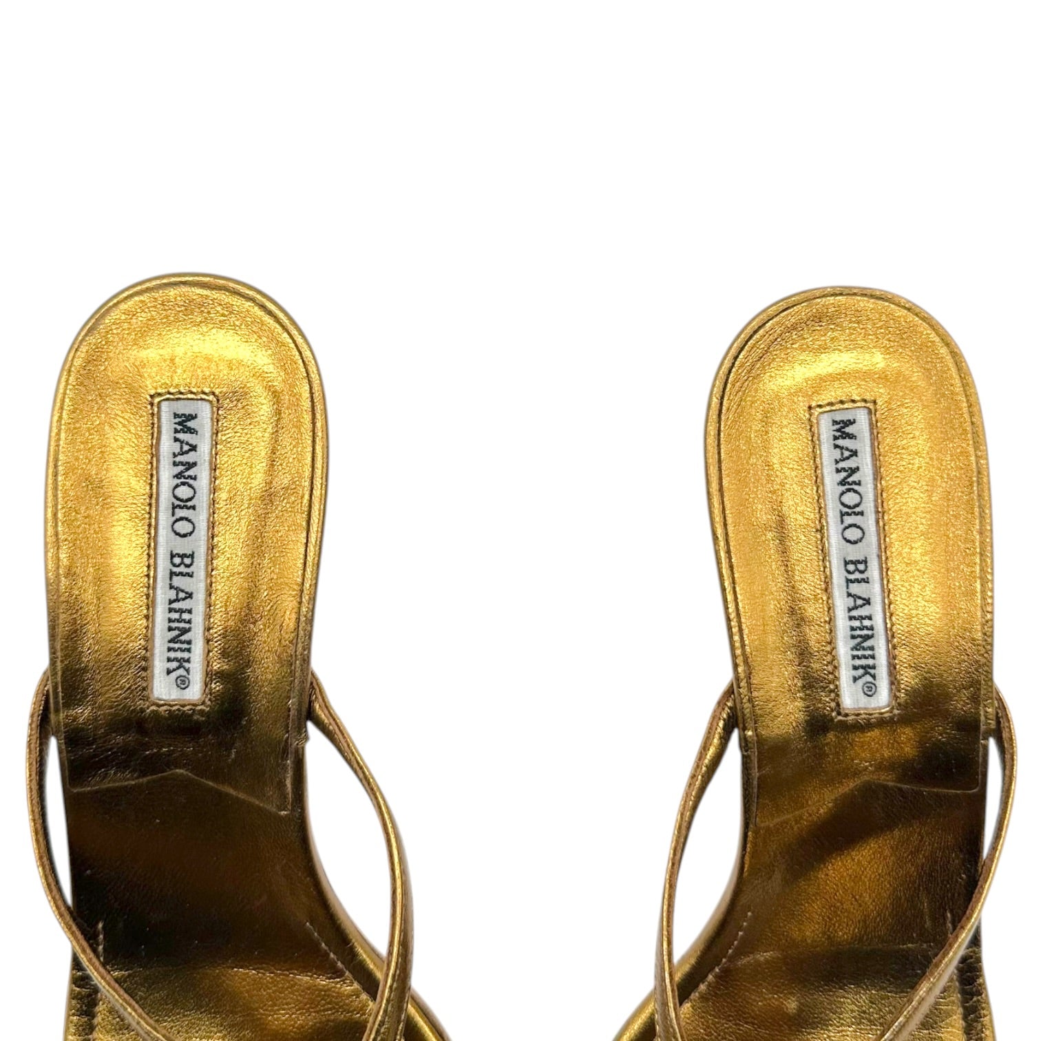 Manolo Blahnik Bronze Leather Kitten Heel Flip Flops