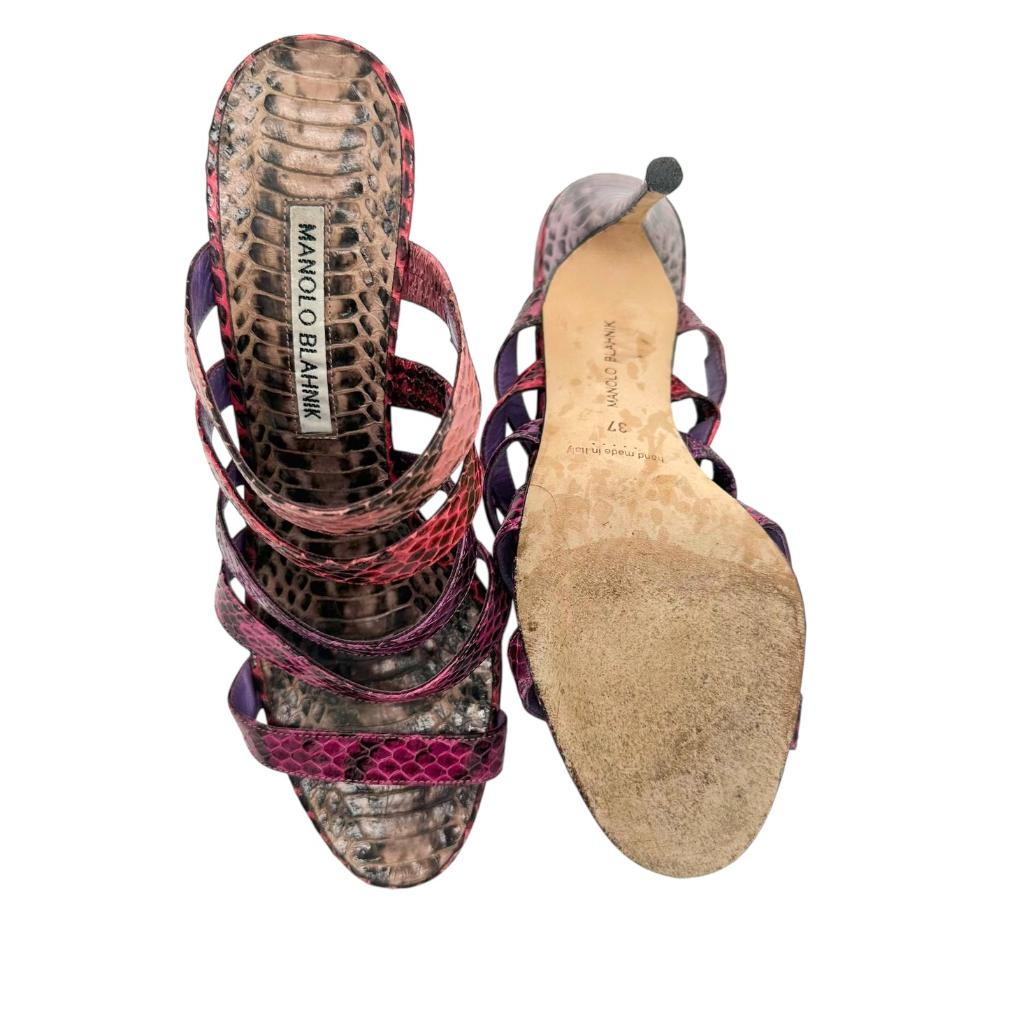 Manolo Blahnik Pink & Purple Strappy Snakeskin Mule Heels