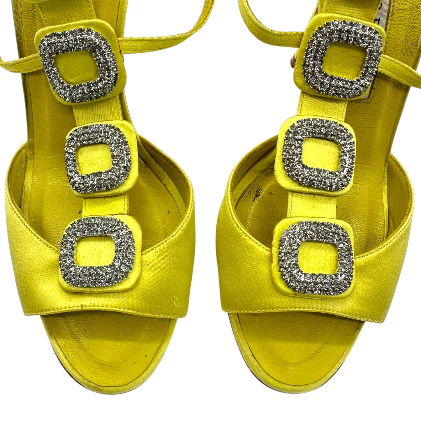Manolo Blahnik Chartreuse Silk Crystal Embellished Heels