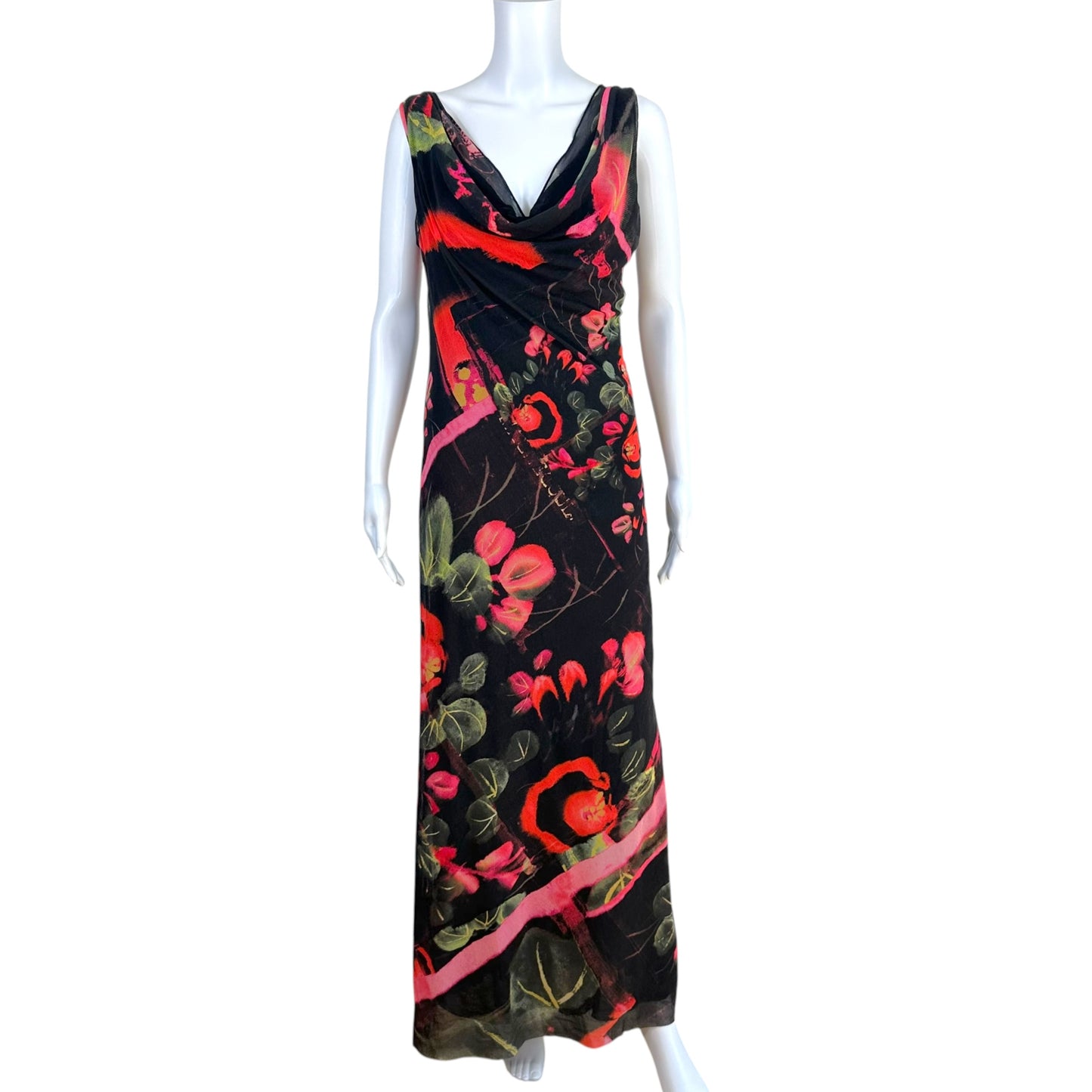 Jean Paul Gaultier Soleil Black & Red Floral Print Cowl Neck Mesh Maxi Dress